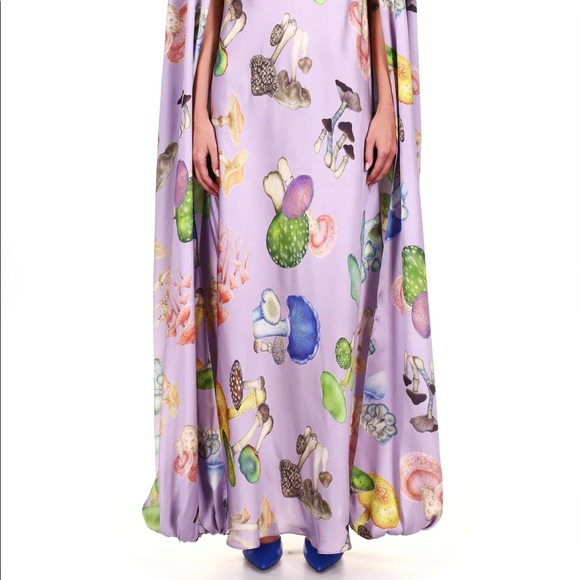 RODARTE LAVENDER MUSHROOM PRINTED SILK SATIN CAPE GOWN - Picture 13 of 16